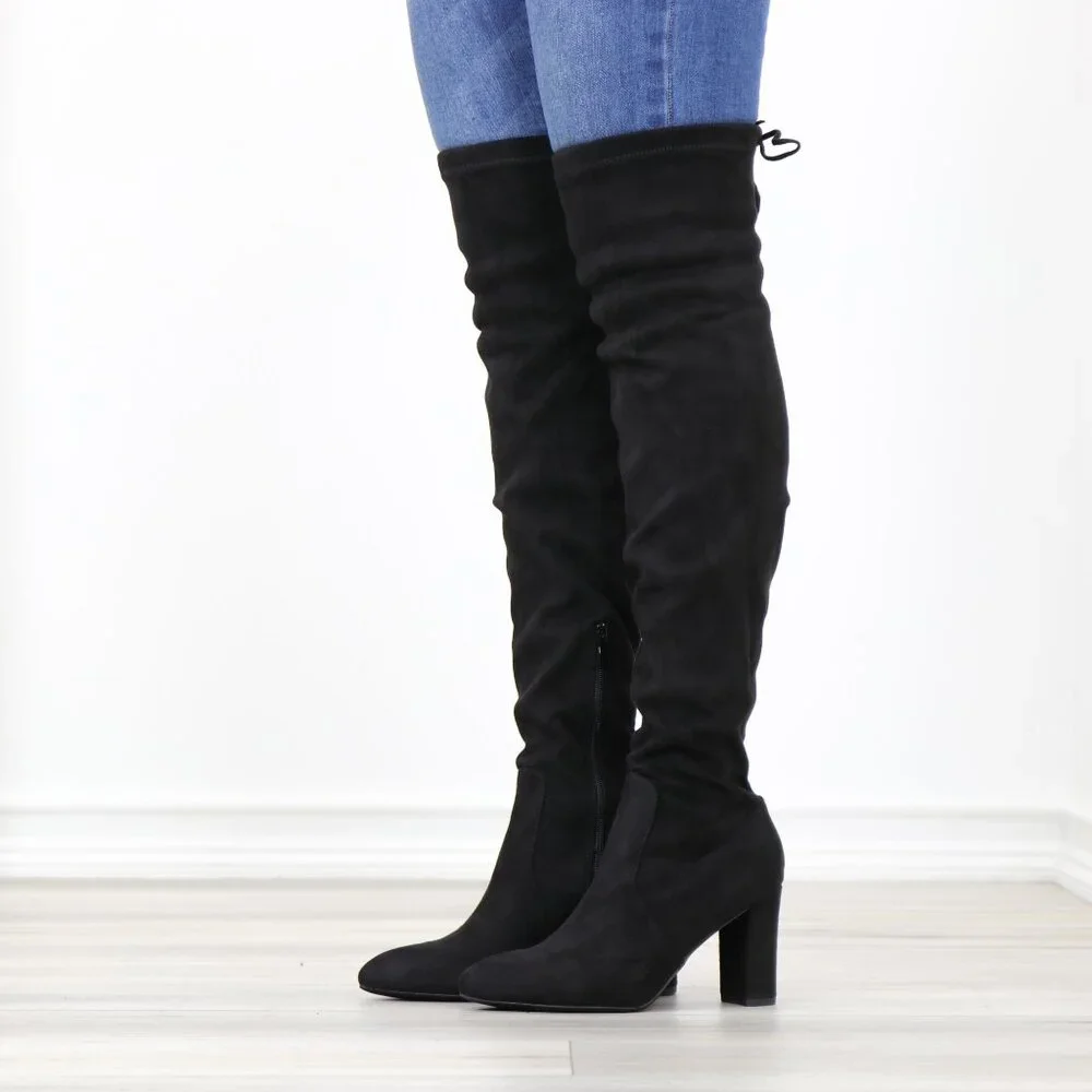 Black Over The Knee Boots Lace Up Back Side Zip Block Heel Faux Suede